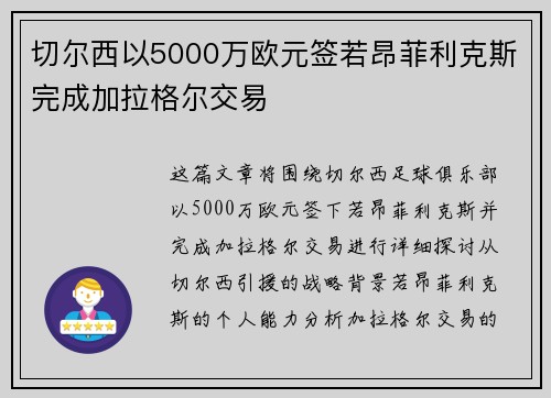 切尔西以5000万欧元签若昂菲利克斯完成加拉格尔交易